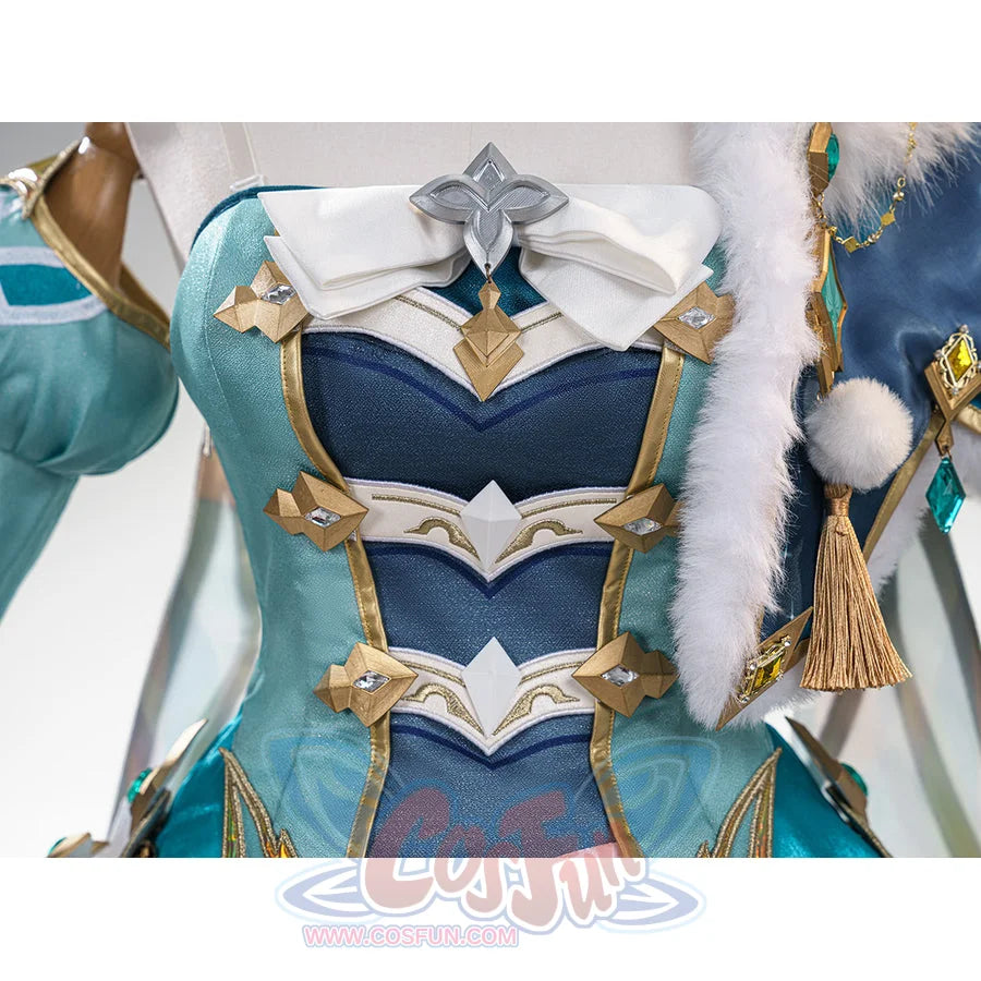 Genshin Impact Vesna cosplay costume bodice detail layers white bow trim over blue panels and gold-tone accents.