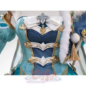 Genshin Impact Vesna cosplay costume bodice detail layers white bow trim over blue panels and gold-tone accents.