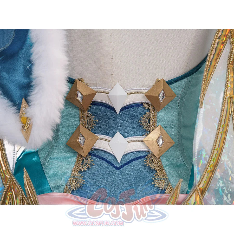 Genshin Impact Vesna cosplay costume bodice detail frames gold-tone diamond accents along blue satin panels.