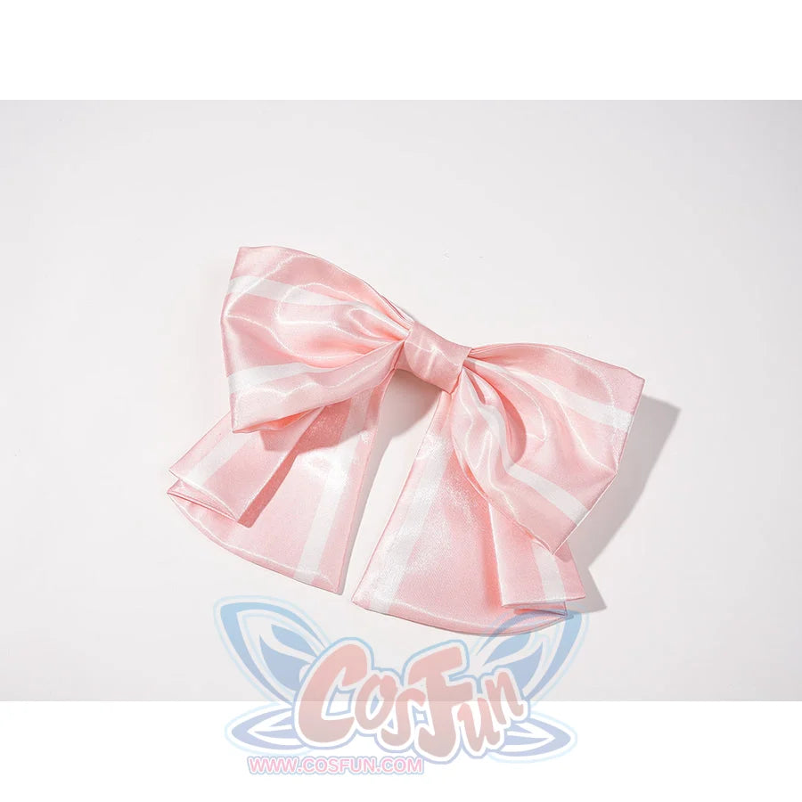 Genshin Impact Vesna cosplay costume pink bow detail gathers glossy striped satin into a wide folded shape.