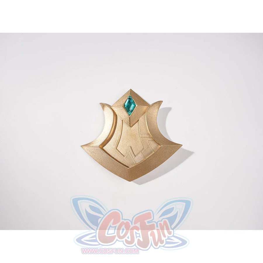 Genshin Impact Vesna cosplay costume chest ornament centers a teal accent inside a gold-tone crest frame.