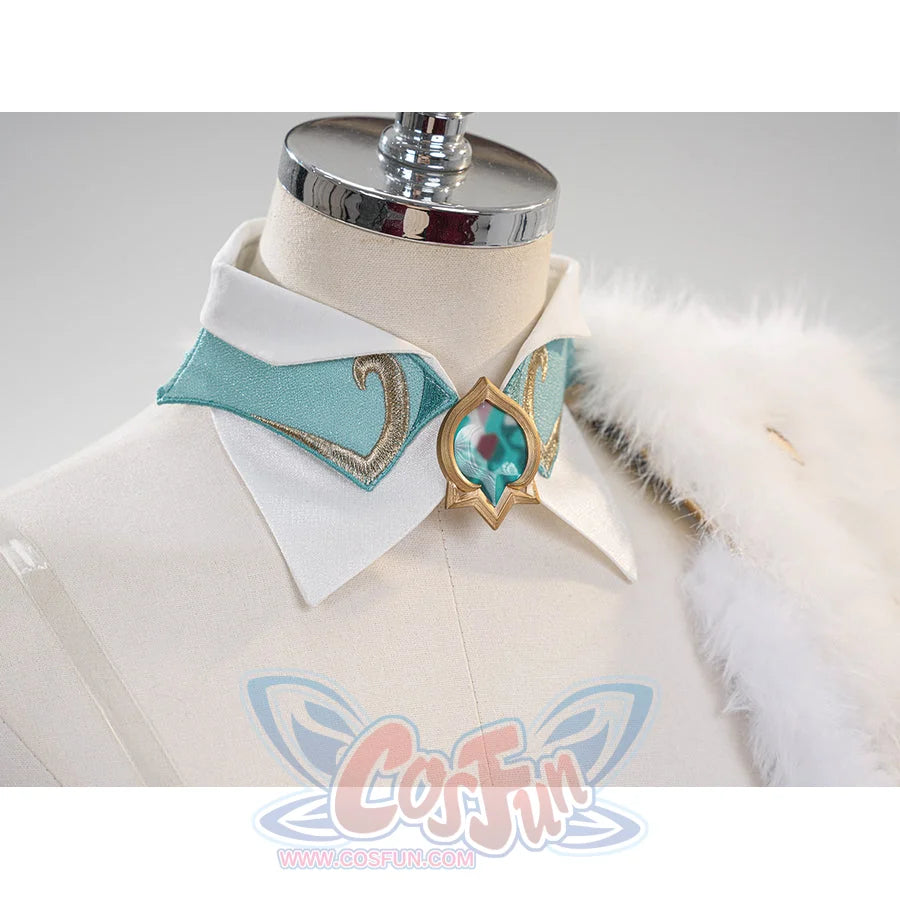 Genshin Impact Vesna cosplay costume collar detail frames the turquoise neck ornament above the white bodice.