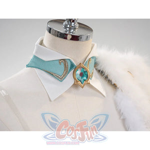 Genshin Impact Vesna cosplay costume collar detail frames the turquoise neck ornament above the white bodice.