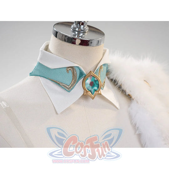 Genshin Impact Vesna cosplay costume collar detail frames the turquoise neck ornament above the white bodice.