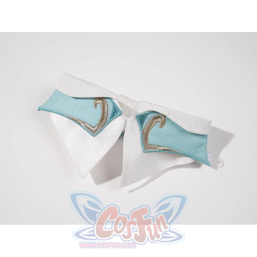 Genshin Impact Vesna cosplay costume collar pieces pair turquoise panels with white fabric and gold-tone embroidery.