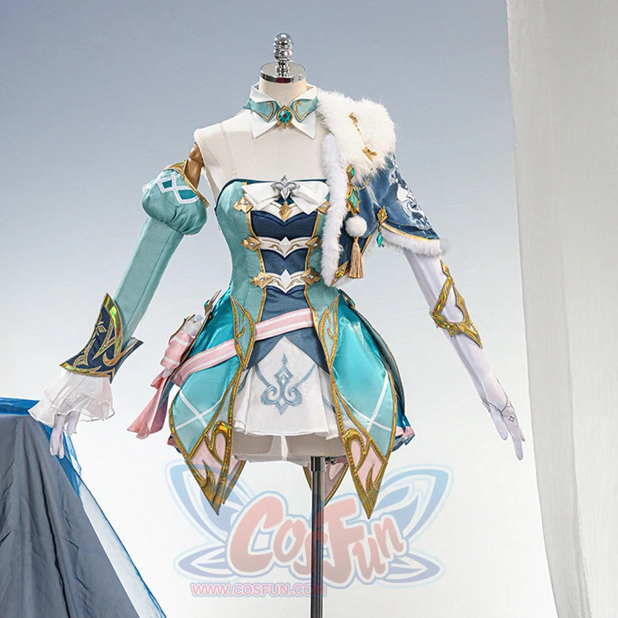 Genshin Impact Vesna cosplay costume front view centers the strapless bodice below a white fur shawl and sleeve cuffs.