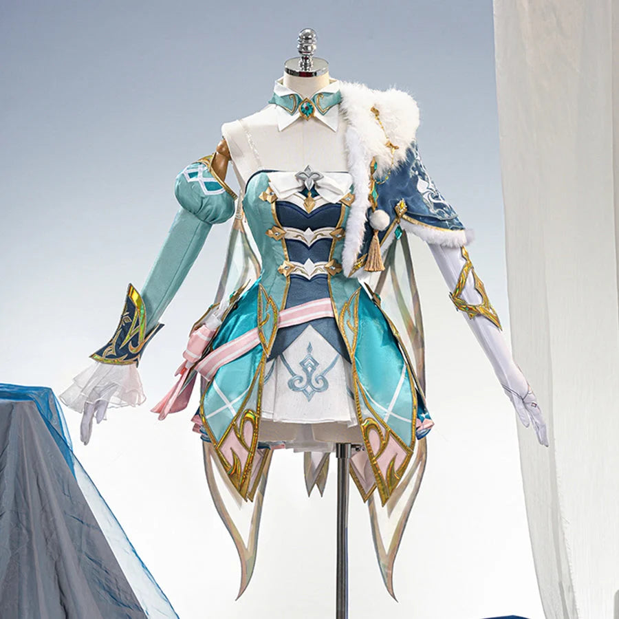 COSFUN Genshin Impact Vesna cosplay costume front view layers teal skirt panels under a white fur collar and gold-tone trim.