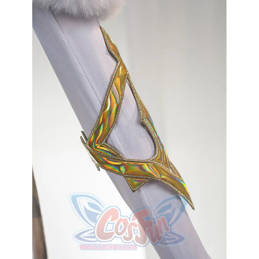 Genshin Impact Vesna cosplay costume long-glove cuff curves in iridescent trim over the fitted white sleeve.