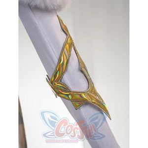 Genshin Impact Vesna cosplay costume long-glove cuff curves in iridescent trim over the fitted white sleeve.
