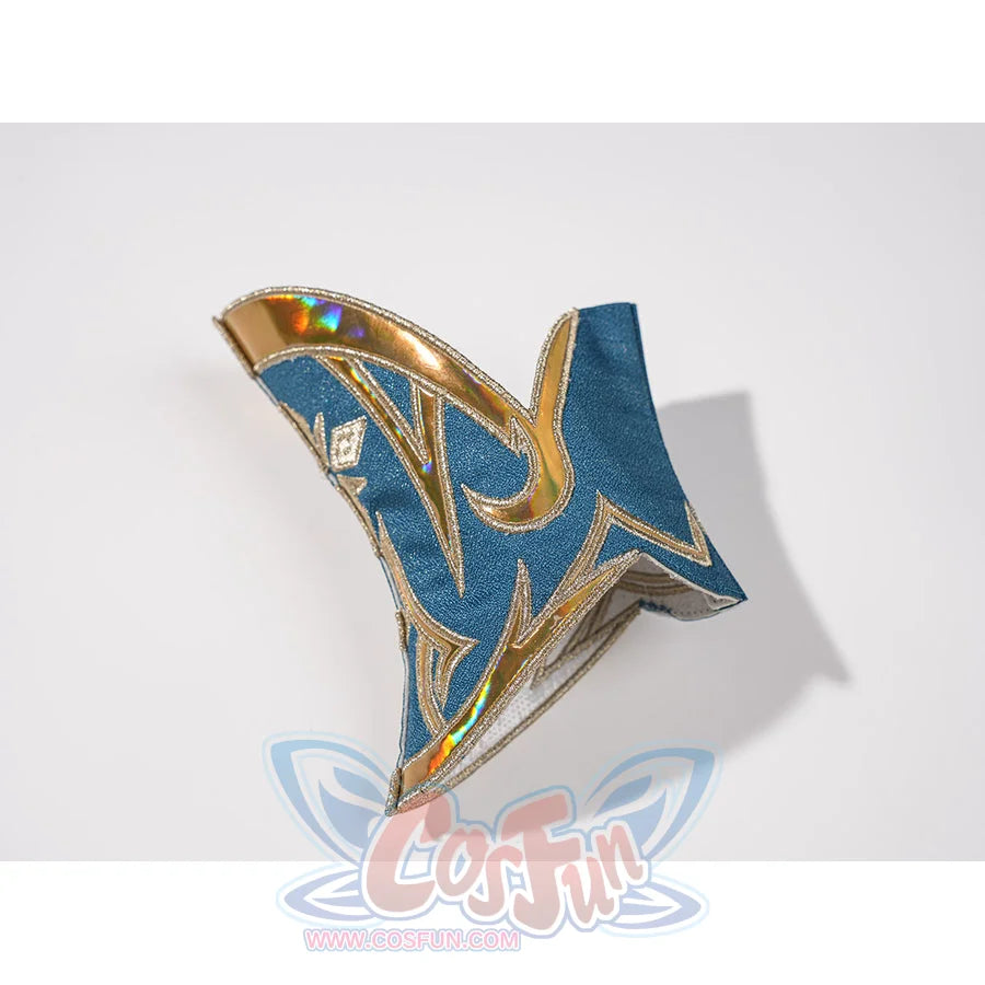 Genshin Impact Vesna cosplay costume sleeve cuff detail centers blue fabric under raised iridescent gold-tone edging.
