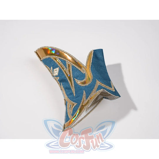 Genshin Impact Vesna cosplay costume sleeve cuff detail centers blue fabric under raised iridescent gold-tone edging.