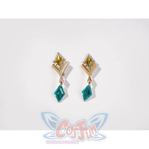 Genshin Impact Vesna cosplay costume paired ornaments set amber and teal drops under gold-tone diamond frames.
