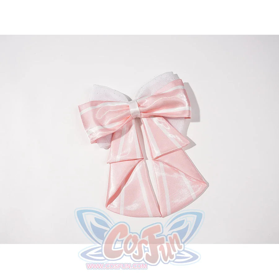 Genshin Impact Vesna cosplay costume pink bow accessory gathers striped satin into a soft folded knot.