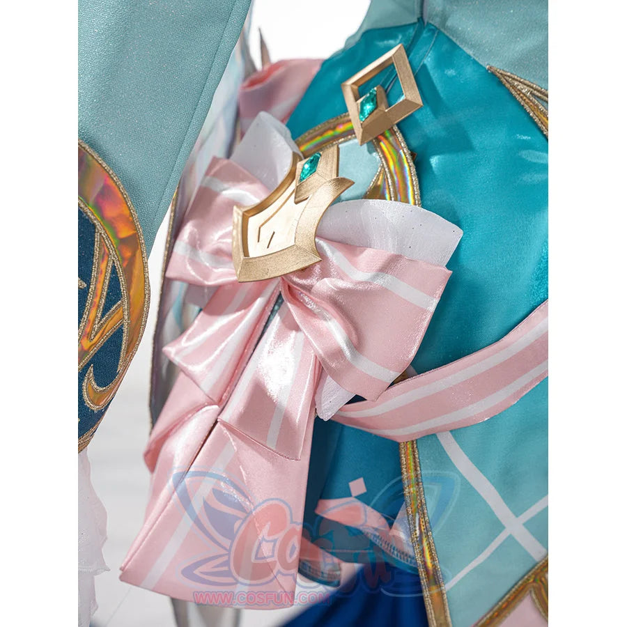 Genshin Impact Vesna cosplay costume pink waist bow layers striped satin beneath a gold-tone square ornament.