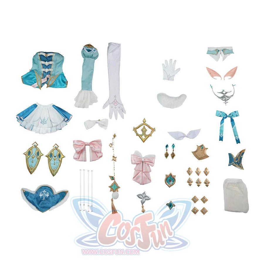 Genshin Impact Vesna cosplay costume set layout gathers dress pieces alongside gloves, stockings and ornate accessories.
