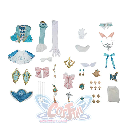 Genshin Impact Vesna cosplay costume set layout gathers dress pieces alongside gloves, stockings and ornate accessories.
