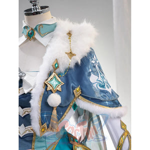 Genshin Impact Vesna cosplay costume shawl detail layers blue satin under white fur trim and gold-tone tassel accents.
