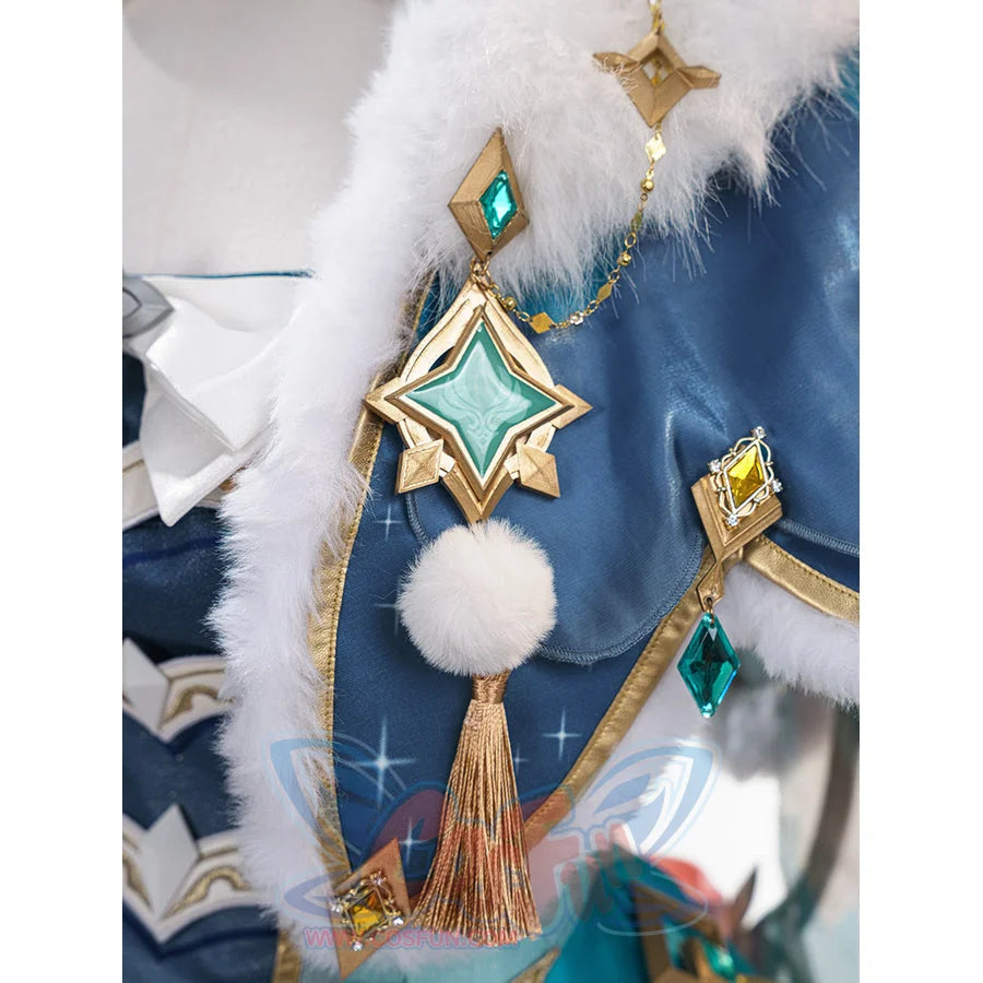 Genshin Impact Vesna cosplay costume shawl ornament anchors a star frame beside teal drop accents and a tassel.