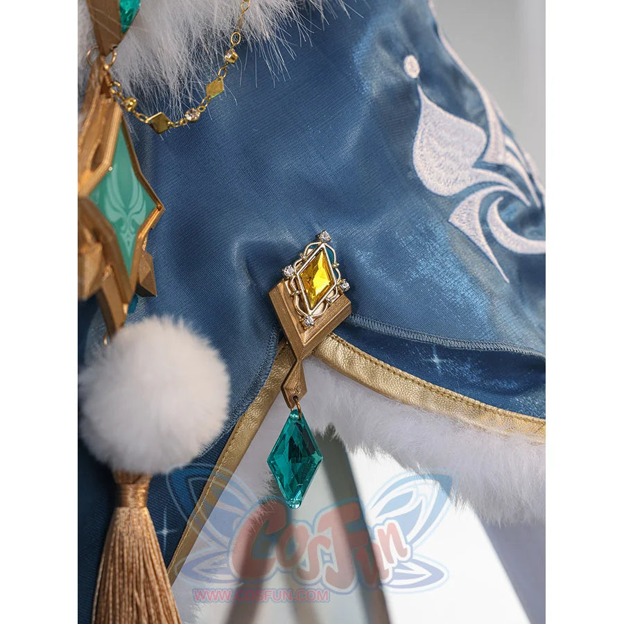 Genshin Impact Vesna cosplay costume shawl trim detail pairs blue satin with white fur and a teal drop charm.