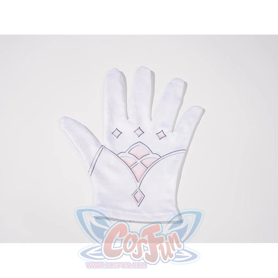 Genshin Impact Vesna cosplay costume short glove detail traces pink linework across the white hand piece.