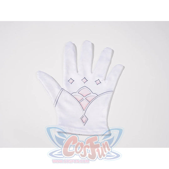 Genshin Impact Vesna cosplay costume short glove detail traces pink linework across the white hand piece.