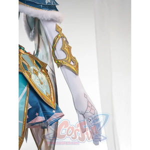 Genshin Impact Vesna cosplay costume side ornament frames a gold-tone cuff beside the white glove and teal skirt.
