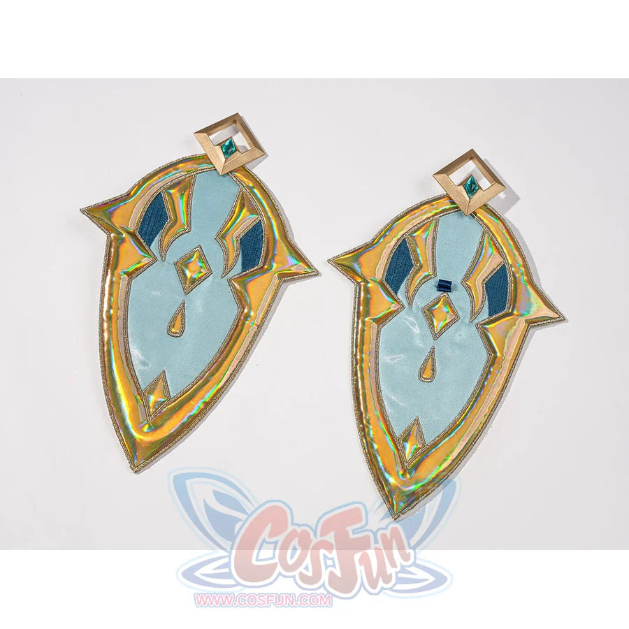 Genshin Impact Vesna cosplay costume side ornaments pair teal panels with iridescent gold-tone borders.