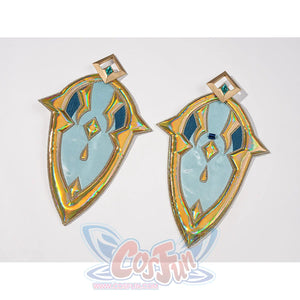 Genshin Impact Vesna cosplay costume side ornaments pair teal panels with iridescent gold-tone borders.