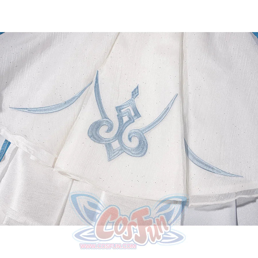 Genshin Impact Vesna cosplay costume skirt embroidery traces pale blue motifs across textured white fabric.