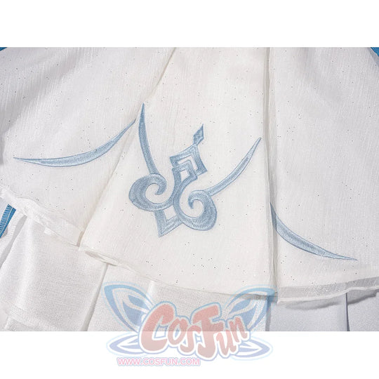 Genshin Impact Vesna cosplay costume skirt embroidery traces pale blue motifs across textured white fabric.