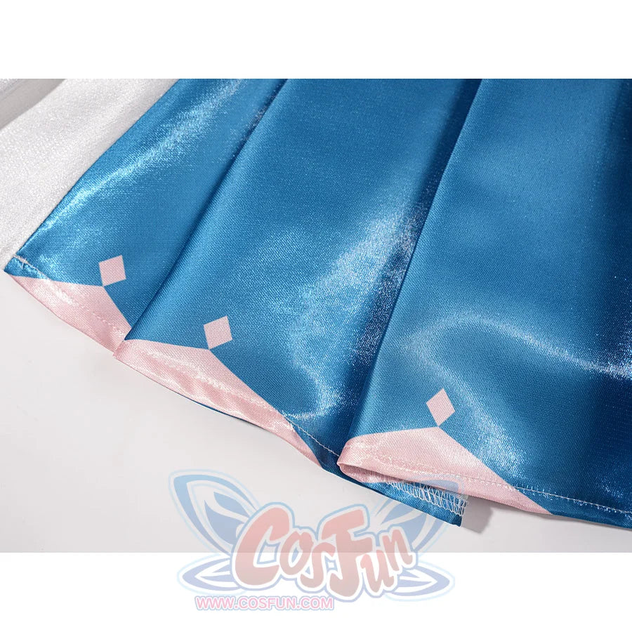 Genshin Impact Vesna cosplay costume skirt hem detail layers blue satin above pale pink diamond tabs.