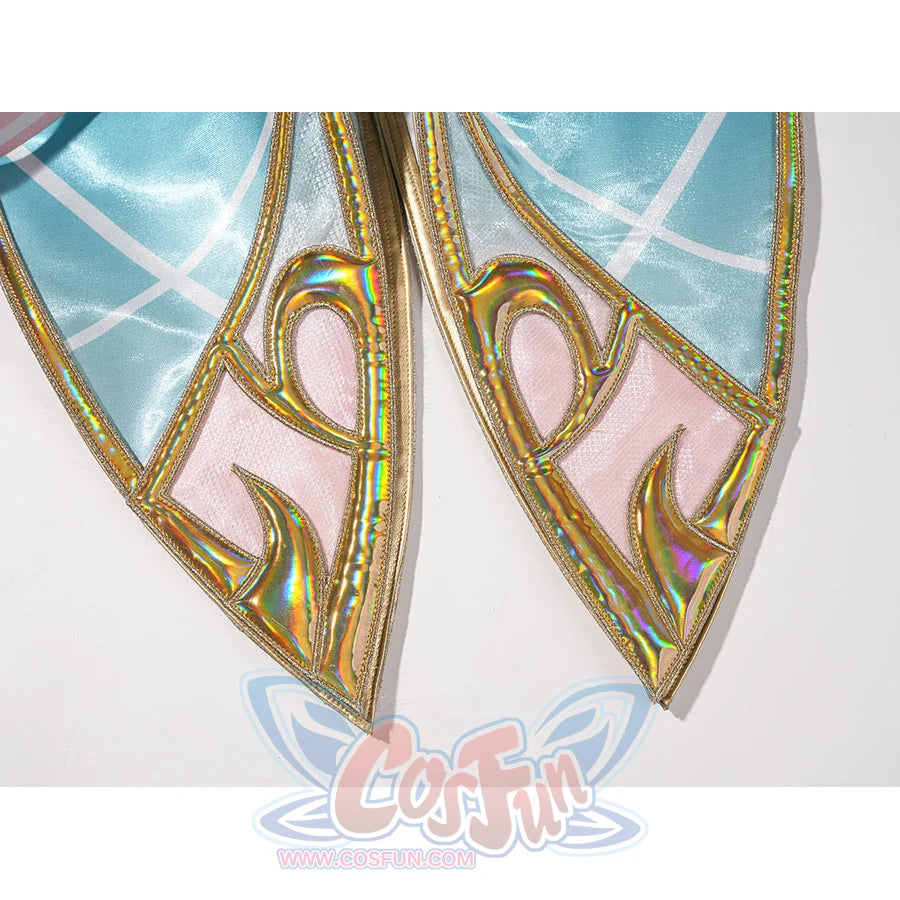 Genshin Impact Vesna cosplay costume skirt ornament detail traces iridescent gold-tone edging over teal and pink panels.