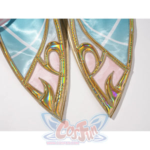Genshin Impact Vesna cosplay costume skirt ornament detail traces iridescent gold-tone edging over teal and pink panels.