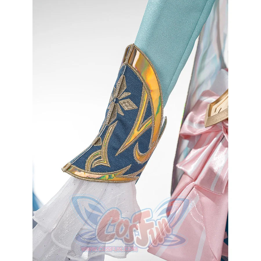 Genshin Impact Vesna cosplay costume sleeve cuff curves in blue fabric with iridescent gold-tone trim.