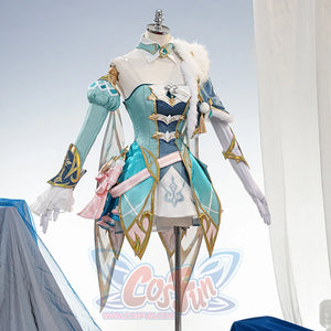 Genshin Impact Vesna cosplay costume straight view centers the teal bodice, layered skirt and gold-tone sleeve pieces.