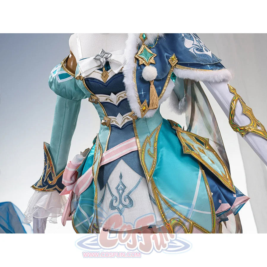 Genshin Impact Vesna cosplay costume bodice view layers fur trim above teal panels and gold-tone ornaments.