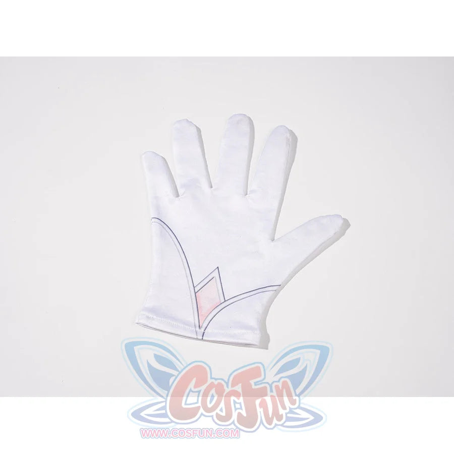 Genshin Impact Vesna cosplay costume white glove detail anchors a pink wrist motif below the fitted fingers.
