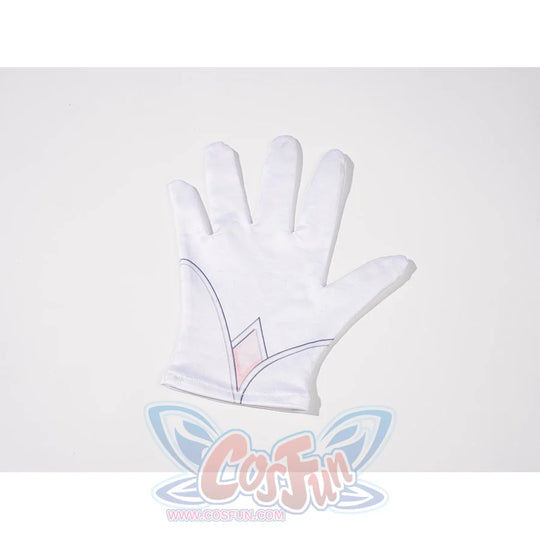 Genshin Impact Vesna cosplay costume white glove detail anchors a pink wrist motif below the fitted fingers.