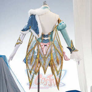 Genshin Impact Vesna cosplay costume back view layers translucent wing panels over the fur collar and pink waist bow.
