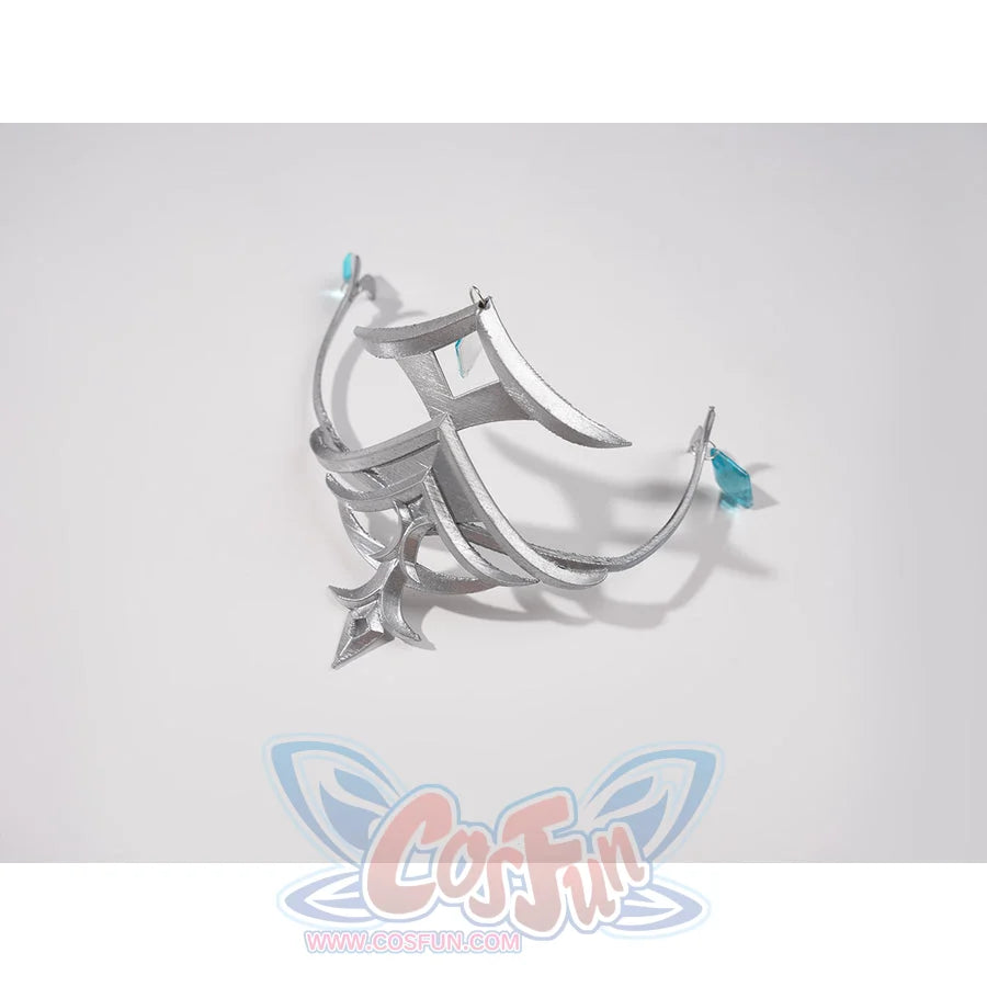 Genshin Impact Vesna cosplay crown accessory curves in silver-tone filigree around turquoise accents.