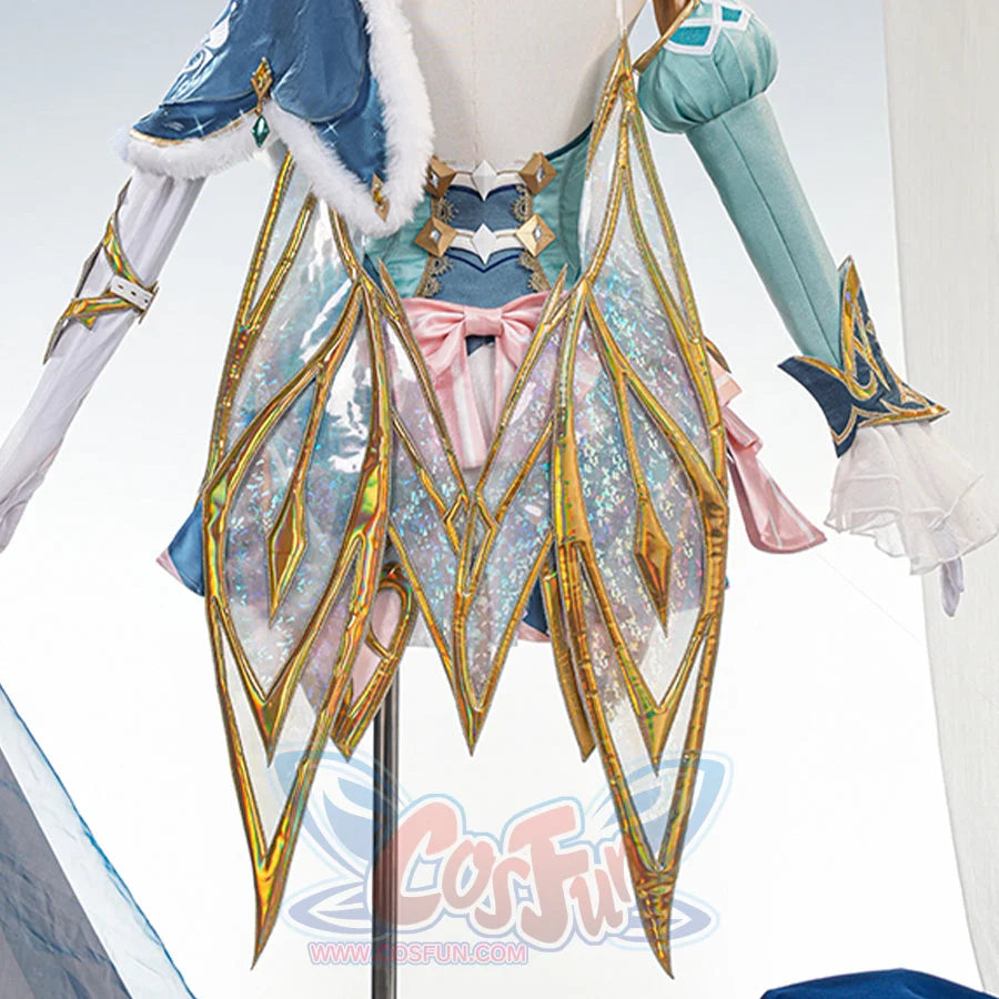 Genshin Impact Vesna cosplay wing extends in layered translucent panels edged by iridescent gold-tone lines.