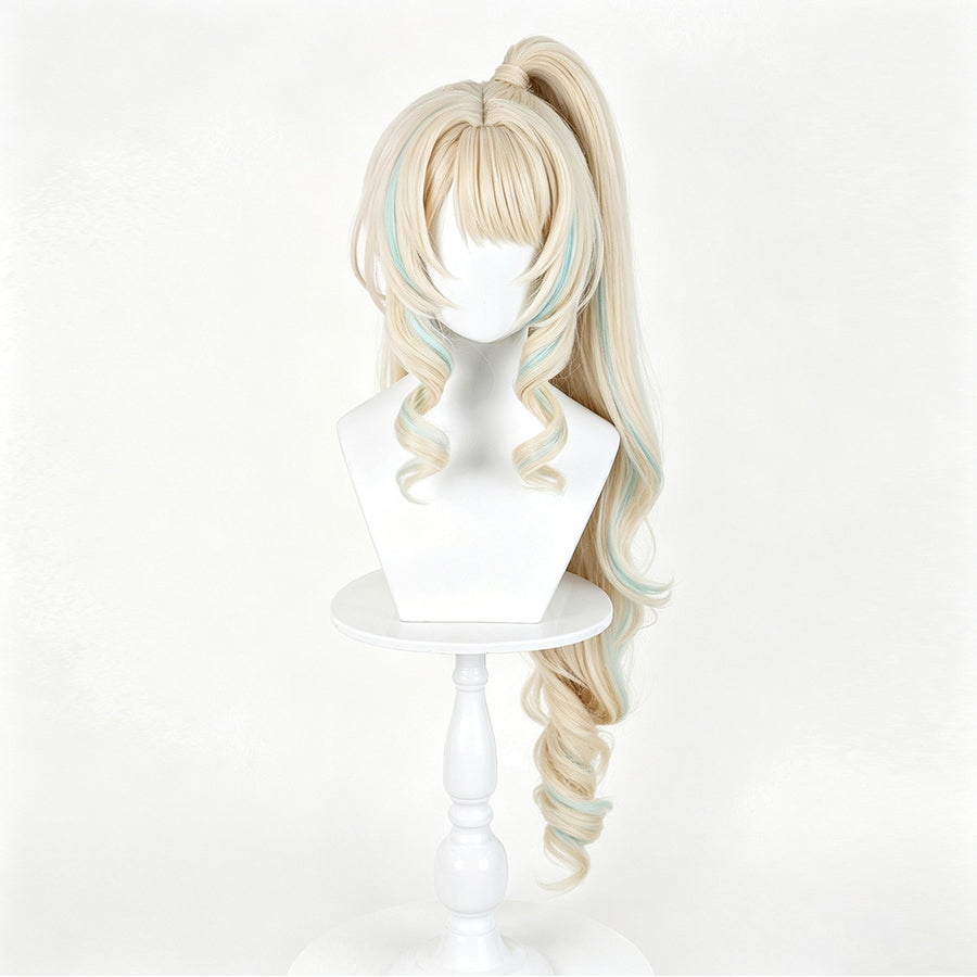 COSFUN Genshin Impact Visna cosplay wig gathers blonde hair into a high ponytail with vibrant blue highlights and curls.