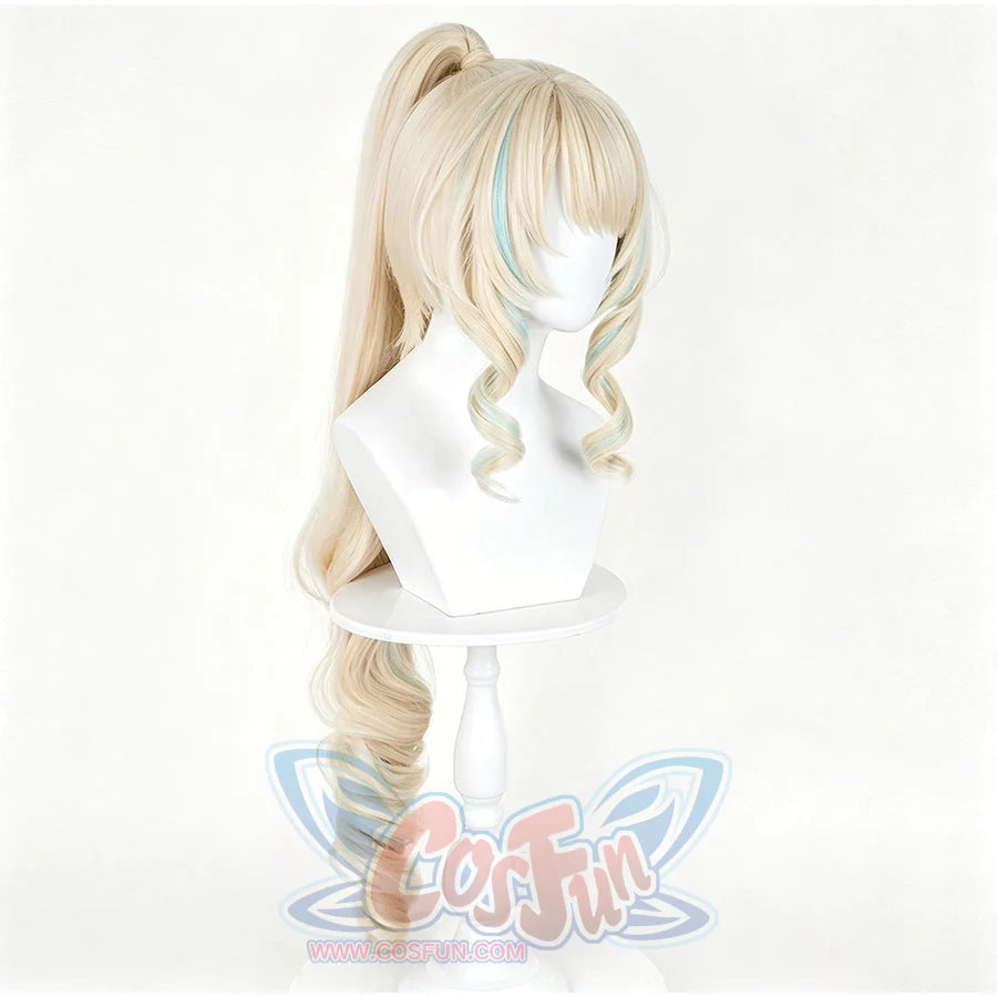 COSFUN Genshin Impact Visna cosplay wig gathers blonde hair into a high ponytail with vibrant blue highlights and curls.