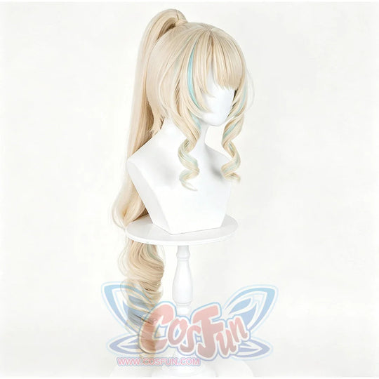 Genshin Impact Visna cosplay wig frames the face with blonde bangs and blue side highlights under a high ponytail.