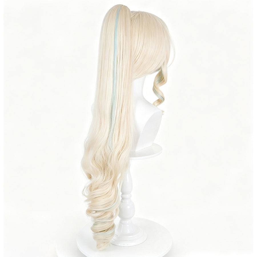 Genshin Impact Visna cosplay wig gathers into a long blonde ponytail with soft blue highlights and elegant wavy curls.