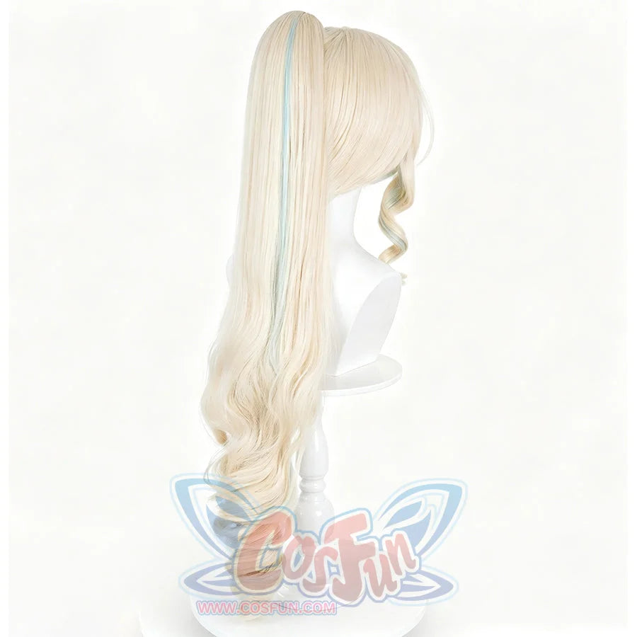 Genshin Impact Visna cosplay wig gathers into a long blonde ponytail with soft blue highlights and elegant wavy curls.