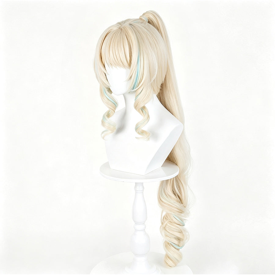Genshin Impact Visna cosplay wig with a long blonde ponytail that curves into elegant curls and soft blue highlights.
