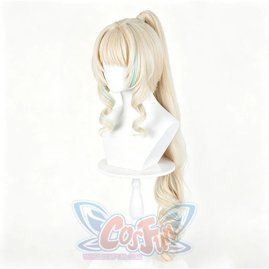 Genshin Impact Visna cosplay wig with a long blonde ponytail that curves into elegant curls and soft blue highlights.