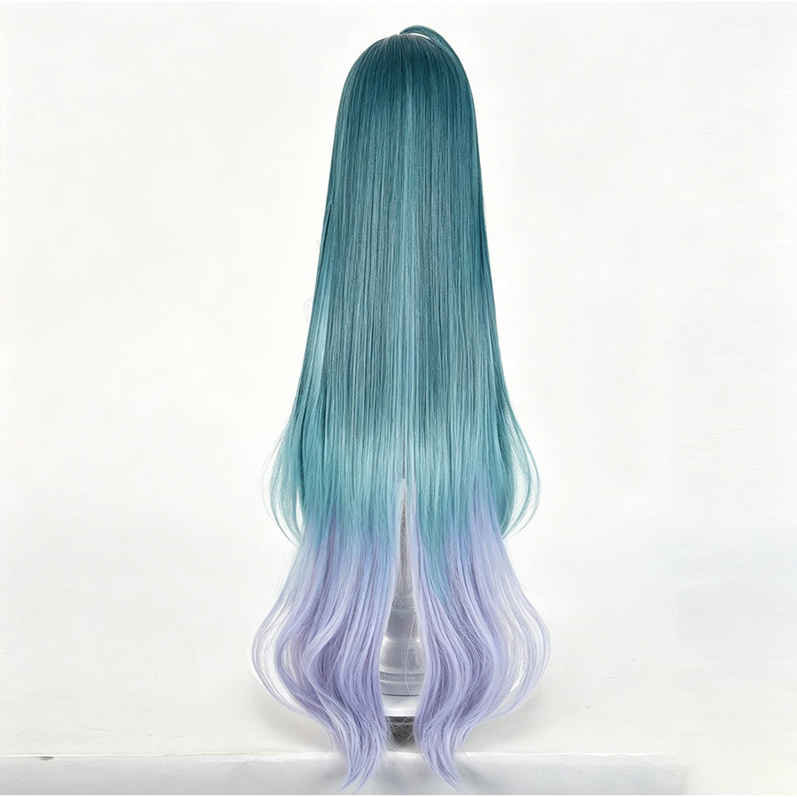 Genshin Impact Vodyanitsa cosplay wig cascades in long straight teal fibers that melt into soft wavy purple ends.