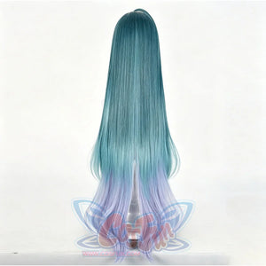 Genshin Impact Vodyanitsa cosplay wig cascades in long straight teal fibers that melt into soft wavy purple ends.